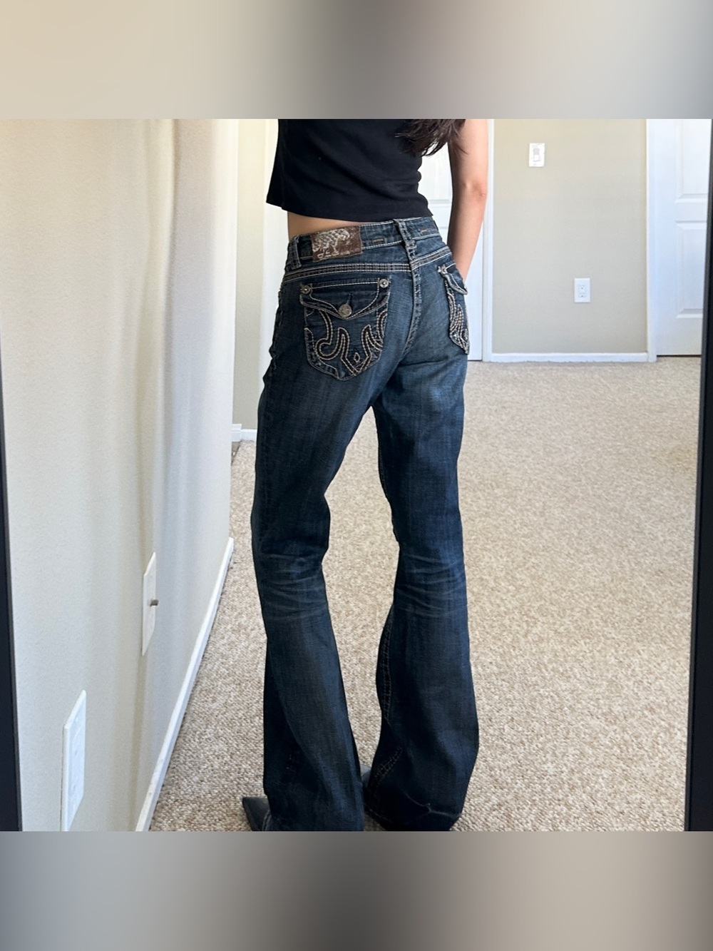 Buckle MEK USA DNM Dark Blue Embroidered Back Pocket Bootcut Jeans